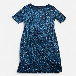 Connected Apparel blue abstract print stretchy draped short sleeve sheath dress